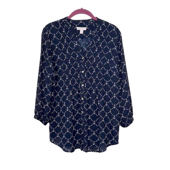 Charter Club Women's Navy Anchor-Print V-Neck Blouse Size S - Picture 1 of 8